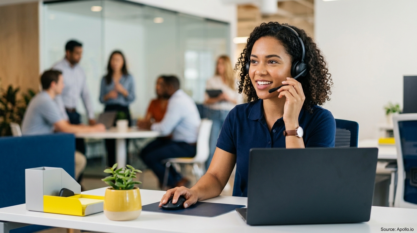 A professional woman wearing a headset works at a laptop while five colleagues collaborate in a modern office.