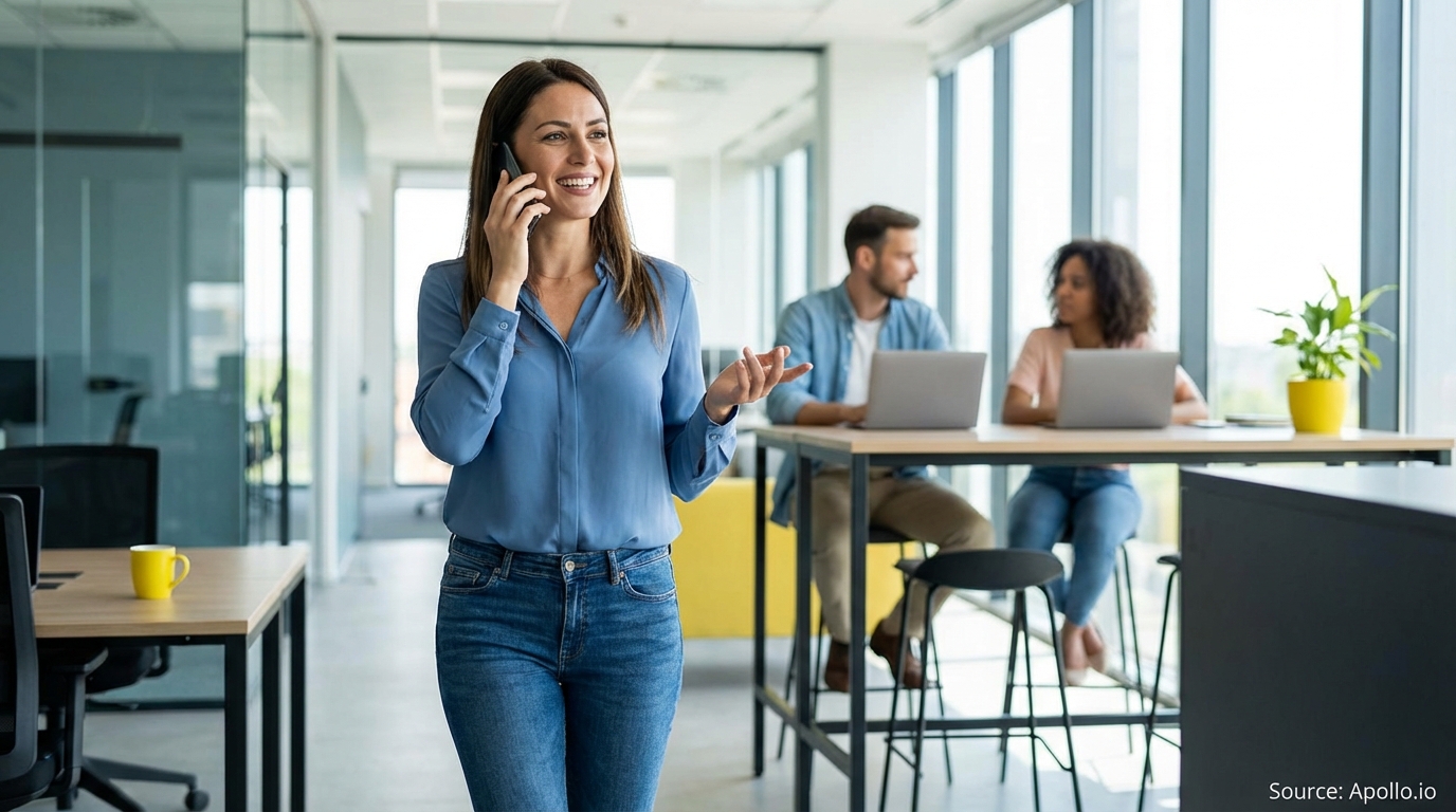Smiling woman on phone walks through a modern office while two colleagues work on laptops.