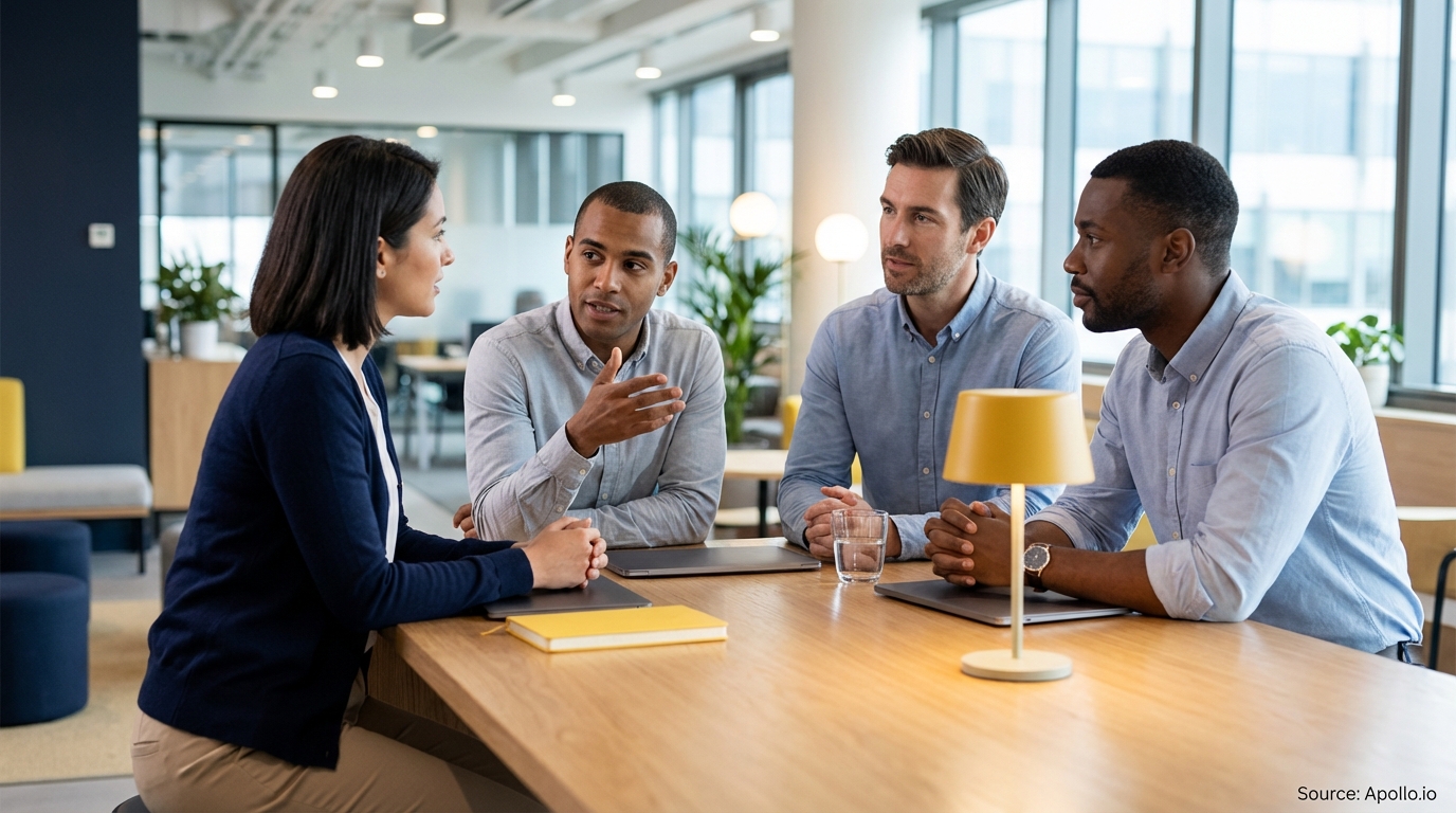 Four diverse professionals discuss work around a table in a bright, modern office.