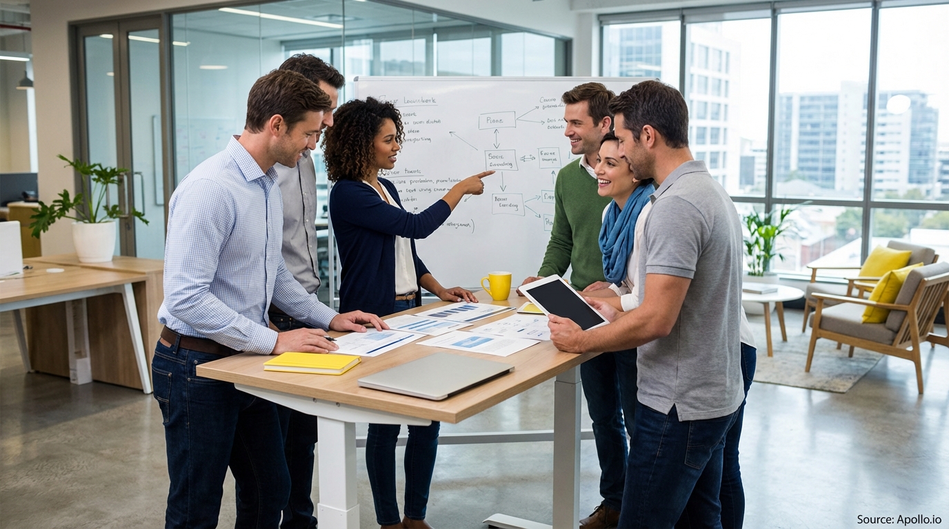 Sales team collaborating in a modern open-plan office evaluating sales technology options