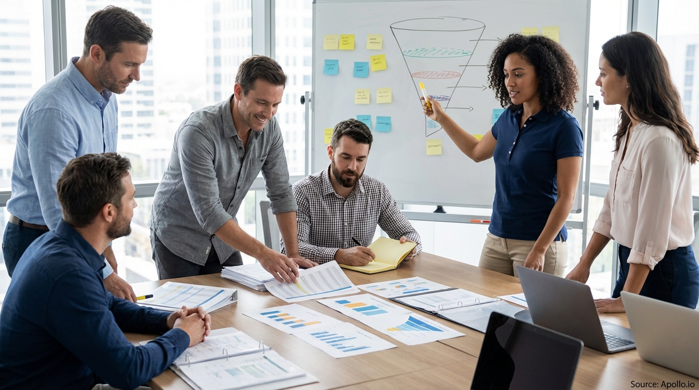 Sales professionals discussing strategy around a conference table in a sales team meeting