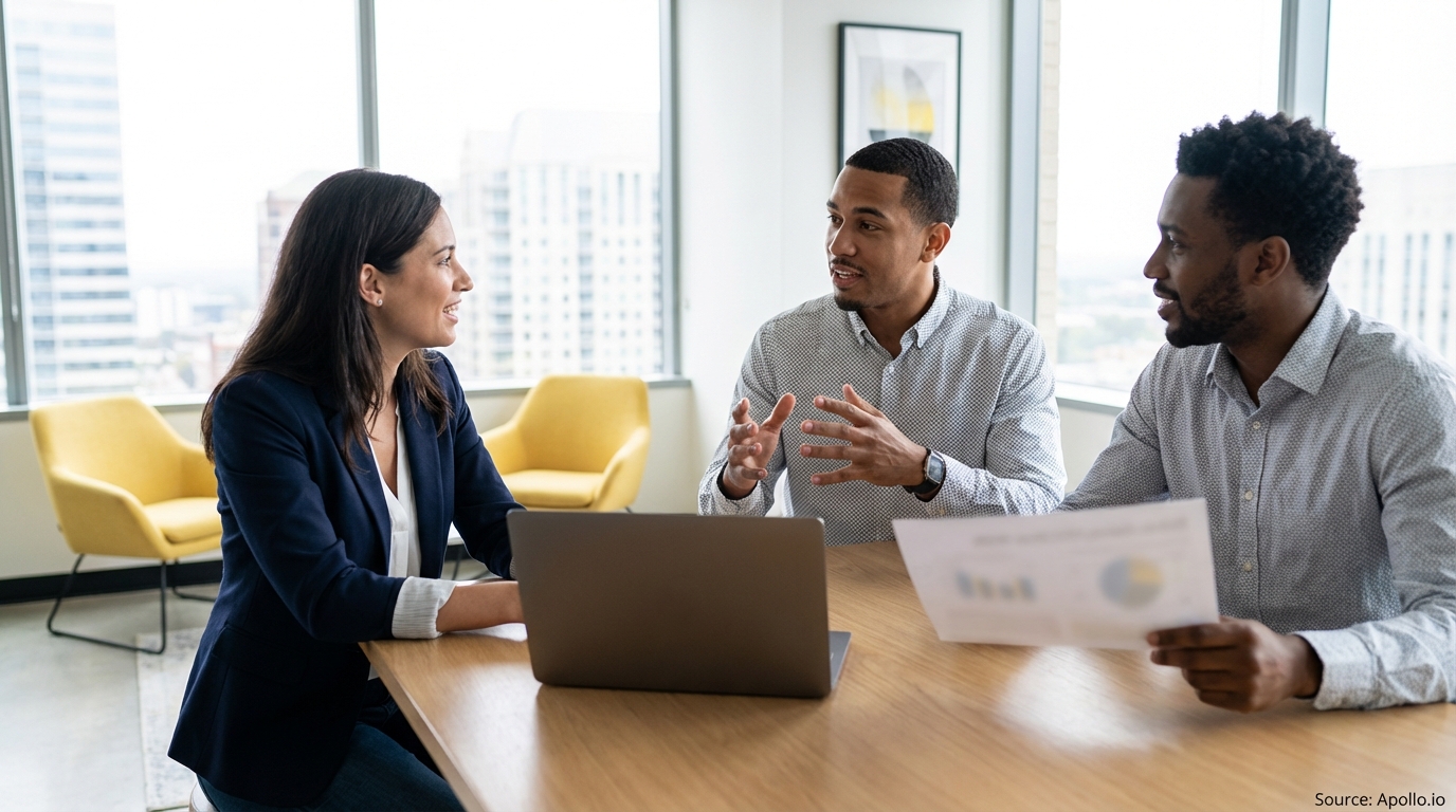 Three diverse professionals discuss ideas with a laptop and charts in a modern office.