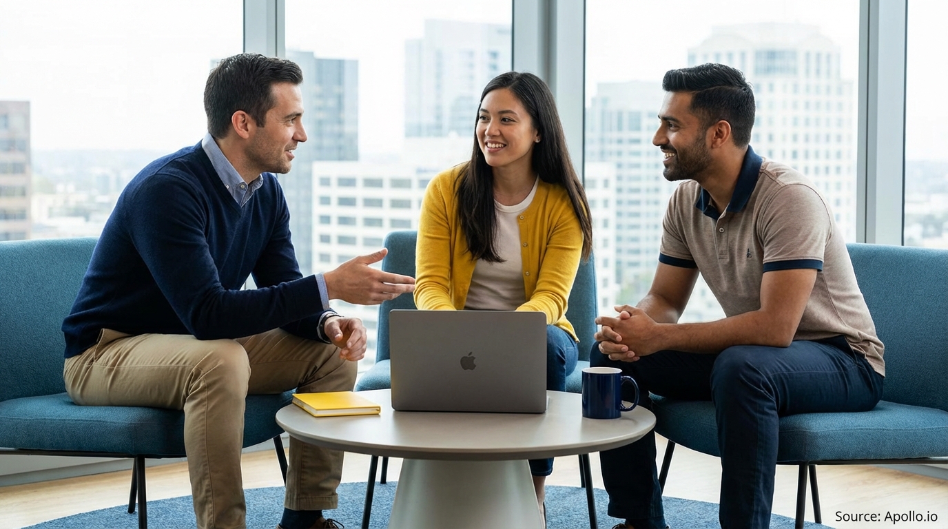 Three diverse professionals collaborate around a laptop in a modern office.
