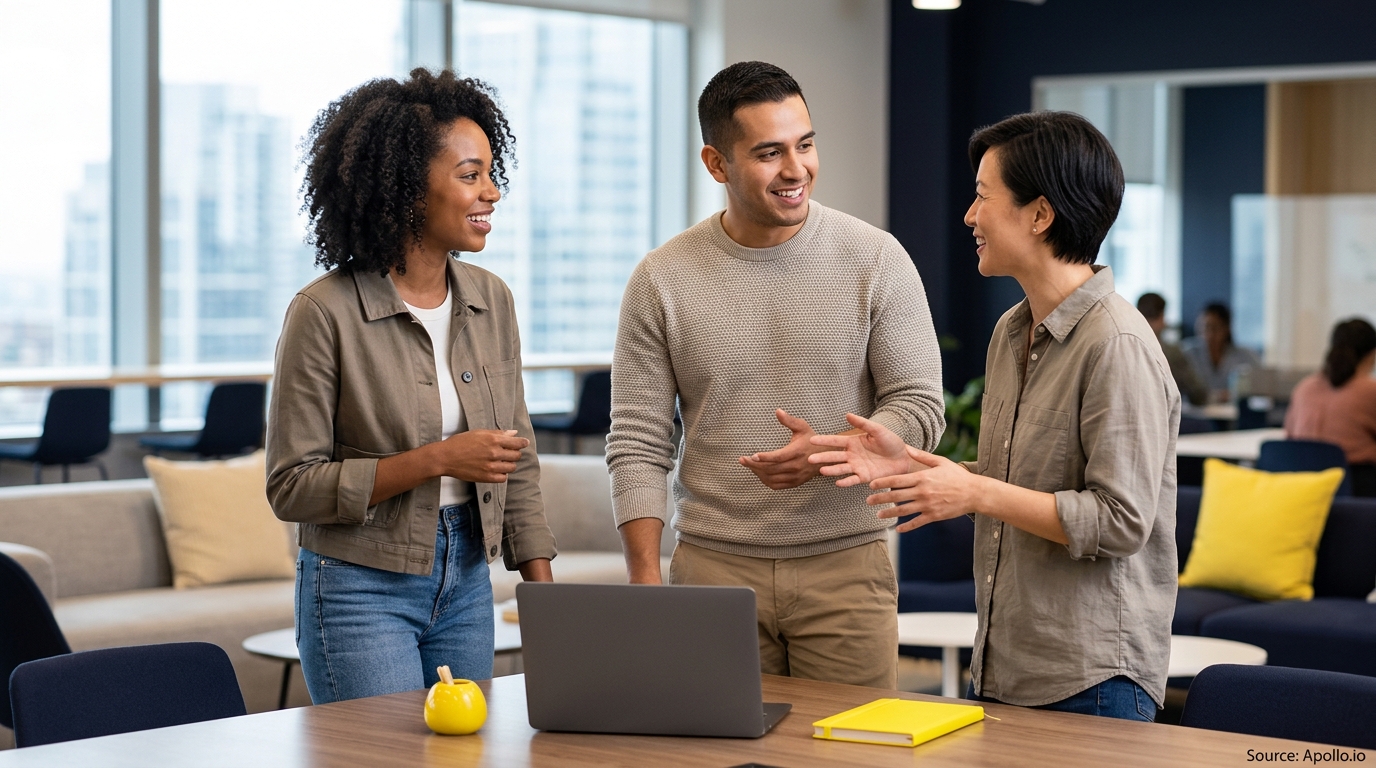 Three professionals discussing work around a laptop in a bright, modern office setting.