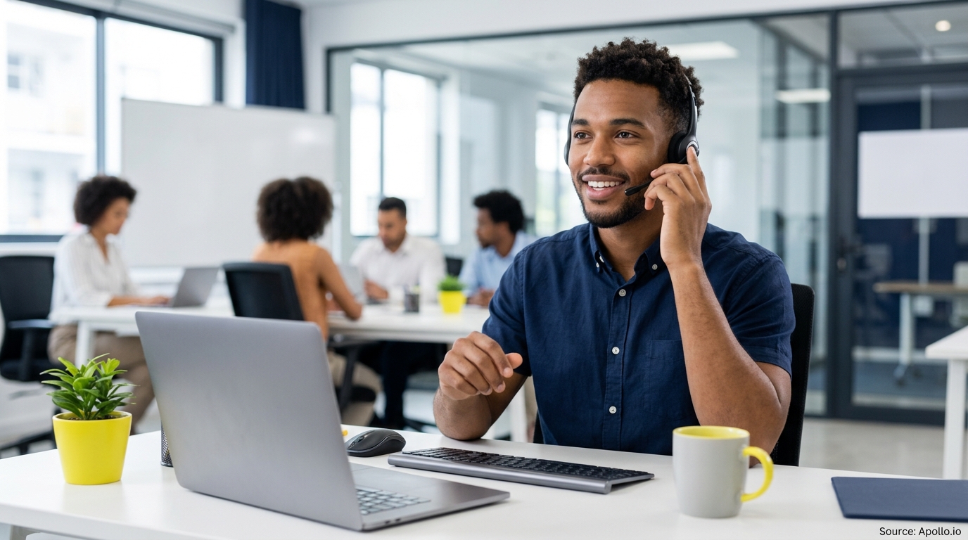 A professional wearing a headset smiles at a laptop while colleagues collaborate in a bright, modern office.