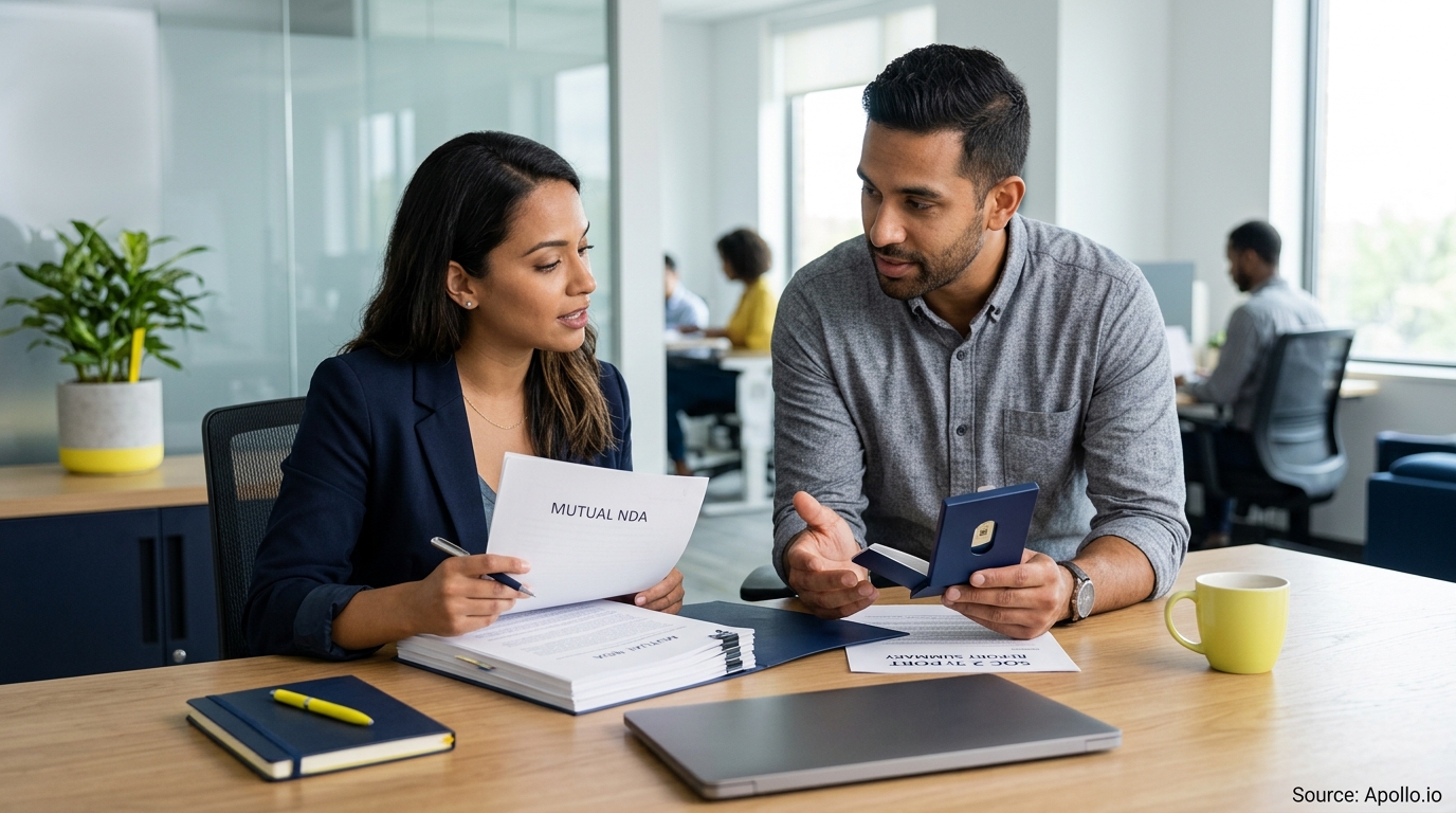 Two professionals review a mutual NDA document at a table in a bright, modern office.