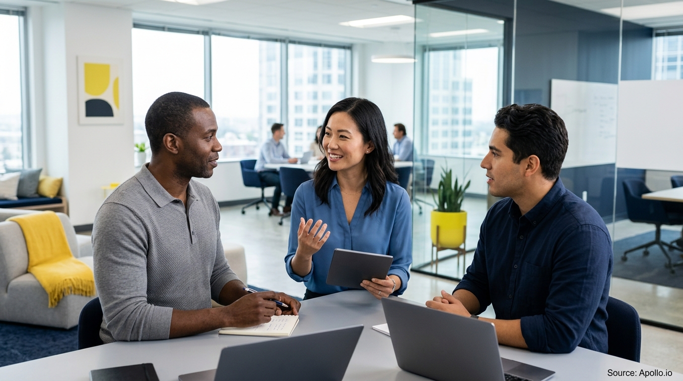 Three professionals collaborate at a table in a bright, modern office using a tablet and laptops.