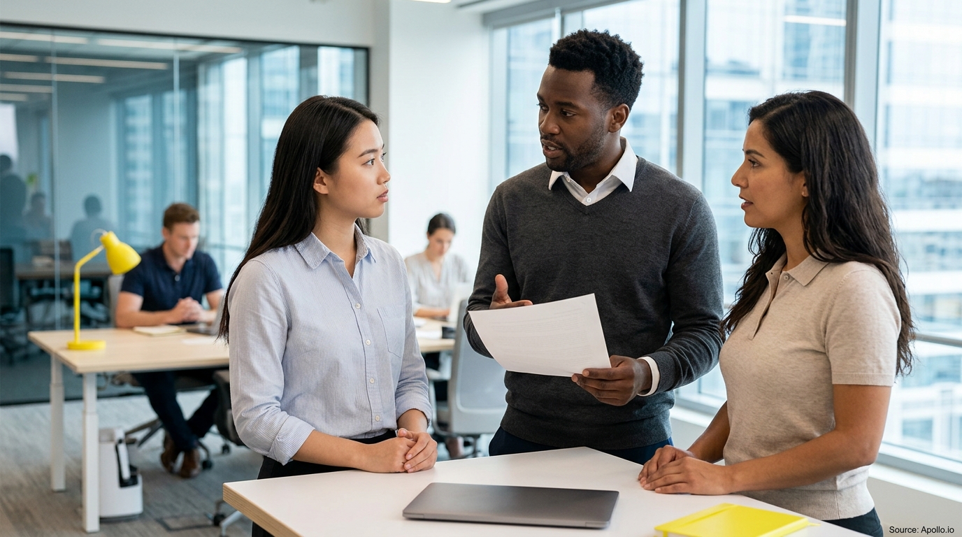 Three diverse professionals discuss a document while standing around a high table in a bright, modern office.