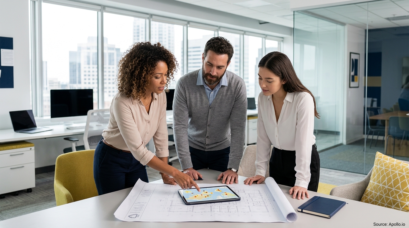Three professionals review architectural blueprints and map data on a tablet in a bright, modern office.