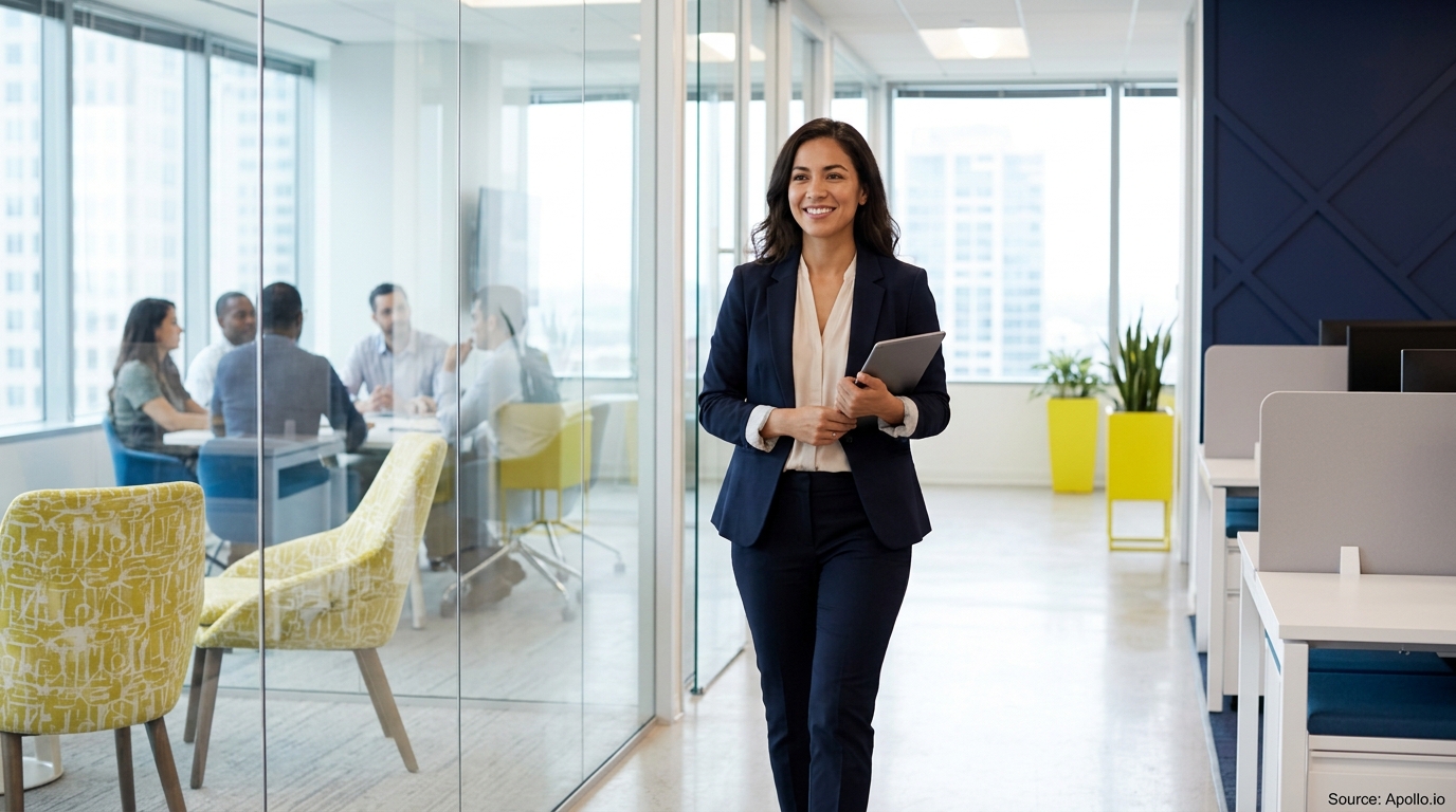 Professional woman carrying a tablet walks through a modern office past five people meeting behind a glass wall.