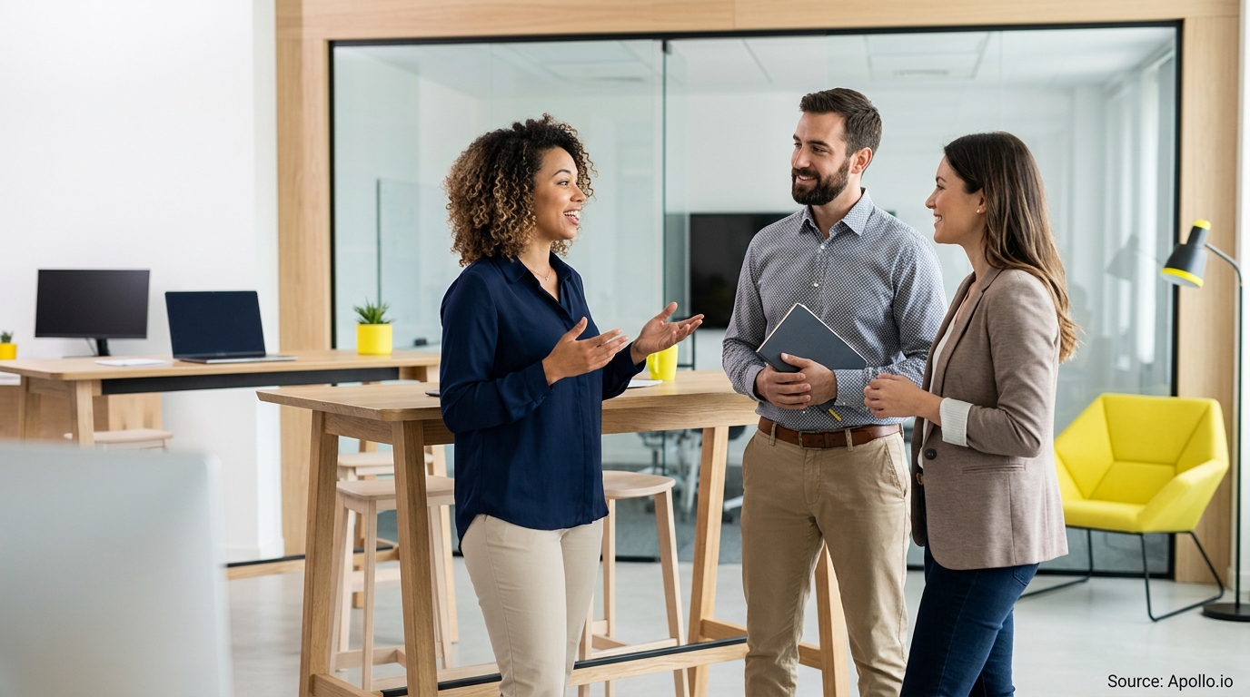 Three professionals talk and gesture while standing together in a bright, open-plan modern office.