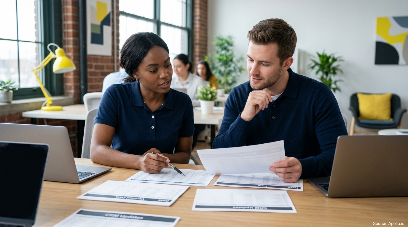 Two professionals review data spreadsheets at a desk with laptops in a bright, modern office.