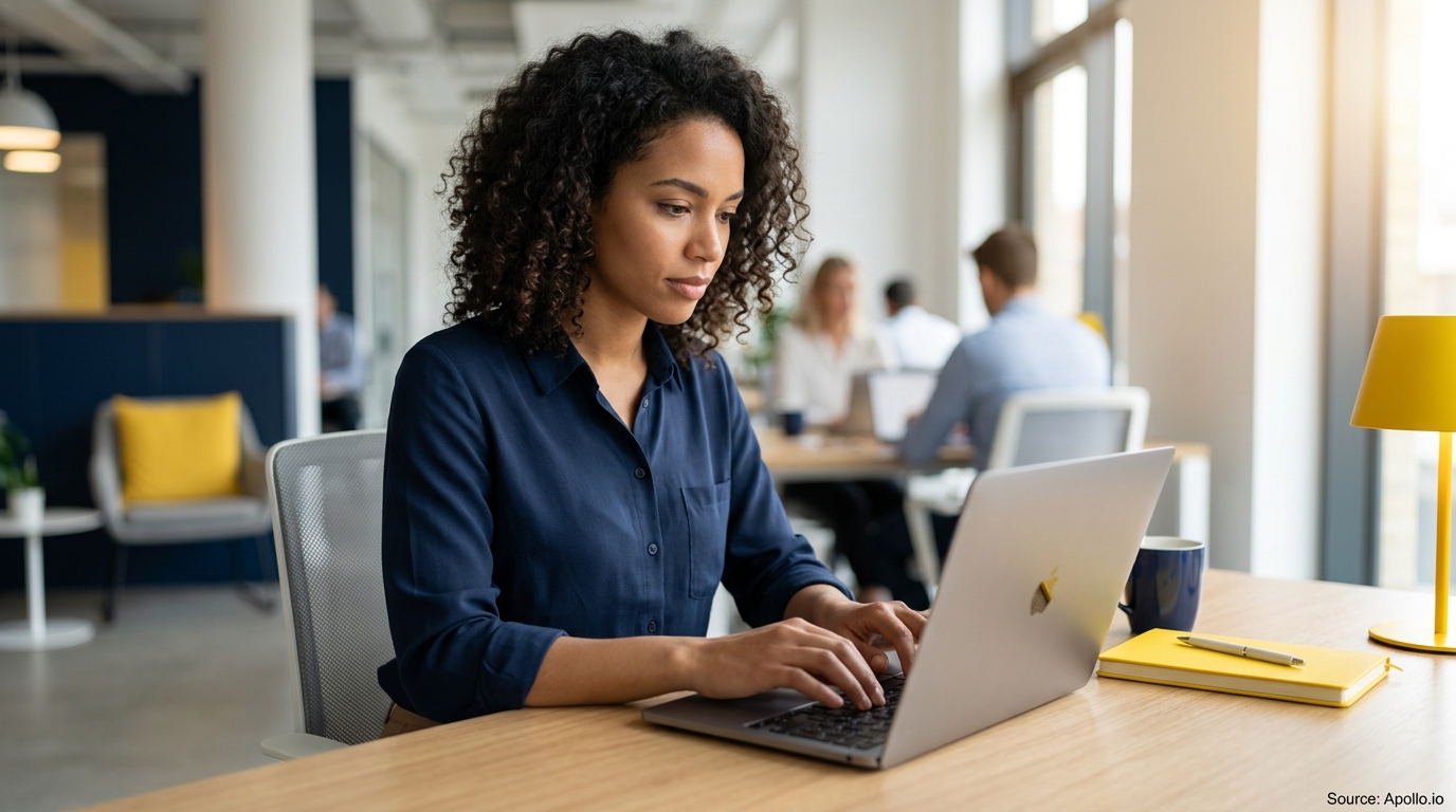 Four professionals work in a bright, modern office, with a woman in the foreground typing on a laptop.