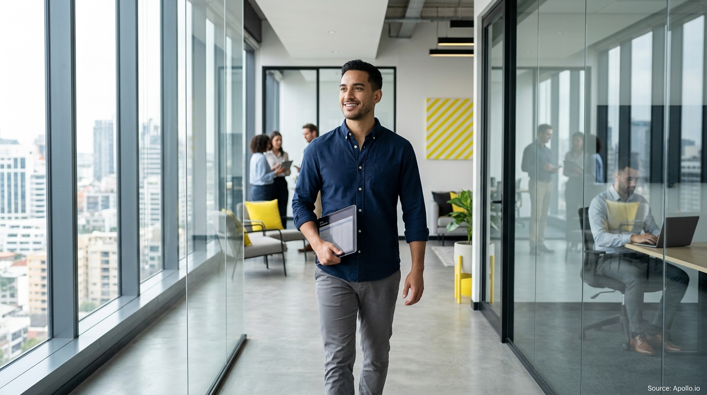 A man walks through a modern office holding a tablet while five colleagues work in the background.