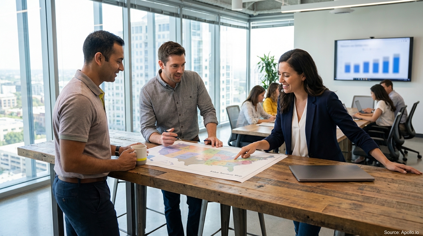 Sales team collaborating in a modern open-plan office evaluating sales technology options
