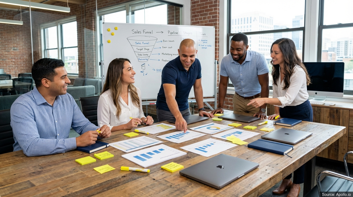 Sales professionals discussing strategy around a conference table evaluating sales technology options