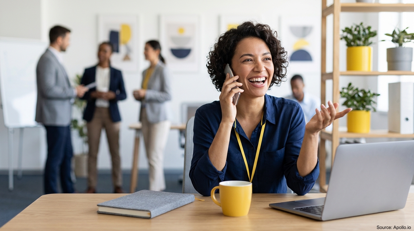 A smiling woman talks on her phone at a desk while colleagues converse in a bright, modern office.