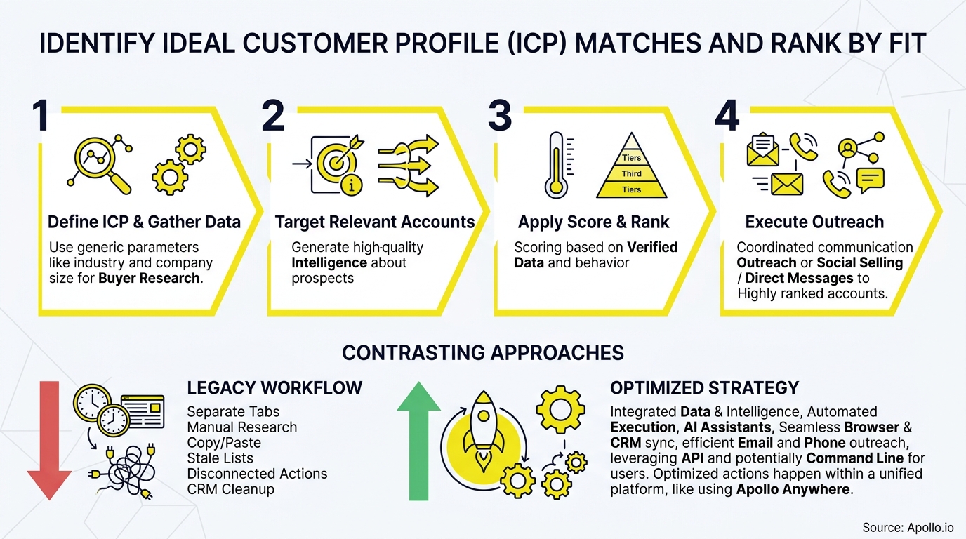 Four numbered yellow boxes outline a process for identifying, targeting, and ranking ideal customer profile matches for outreach.