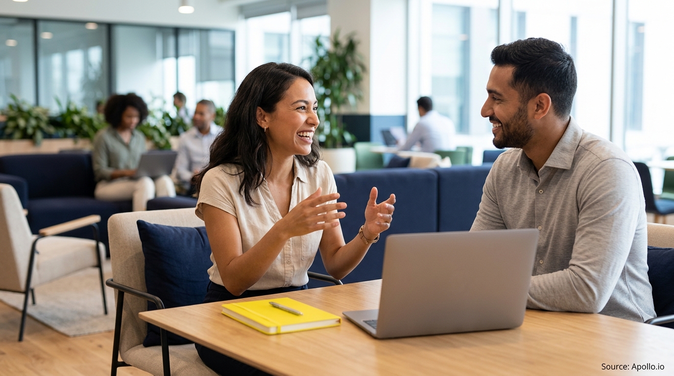 Two professionals talk and smile at a table with a laptop in a bright, modern office.