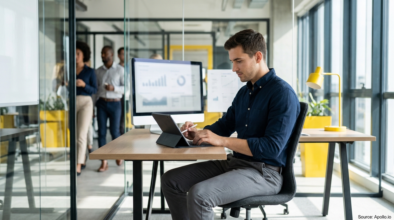 A man uses a tablet at his desk while colleagues walk through a sunlit, modern office.