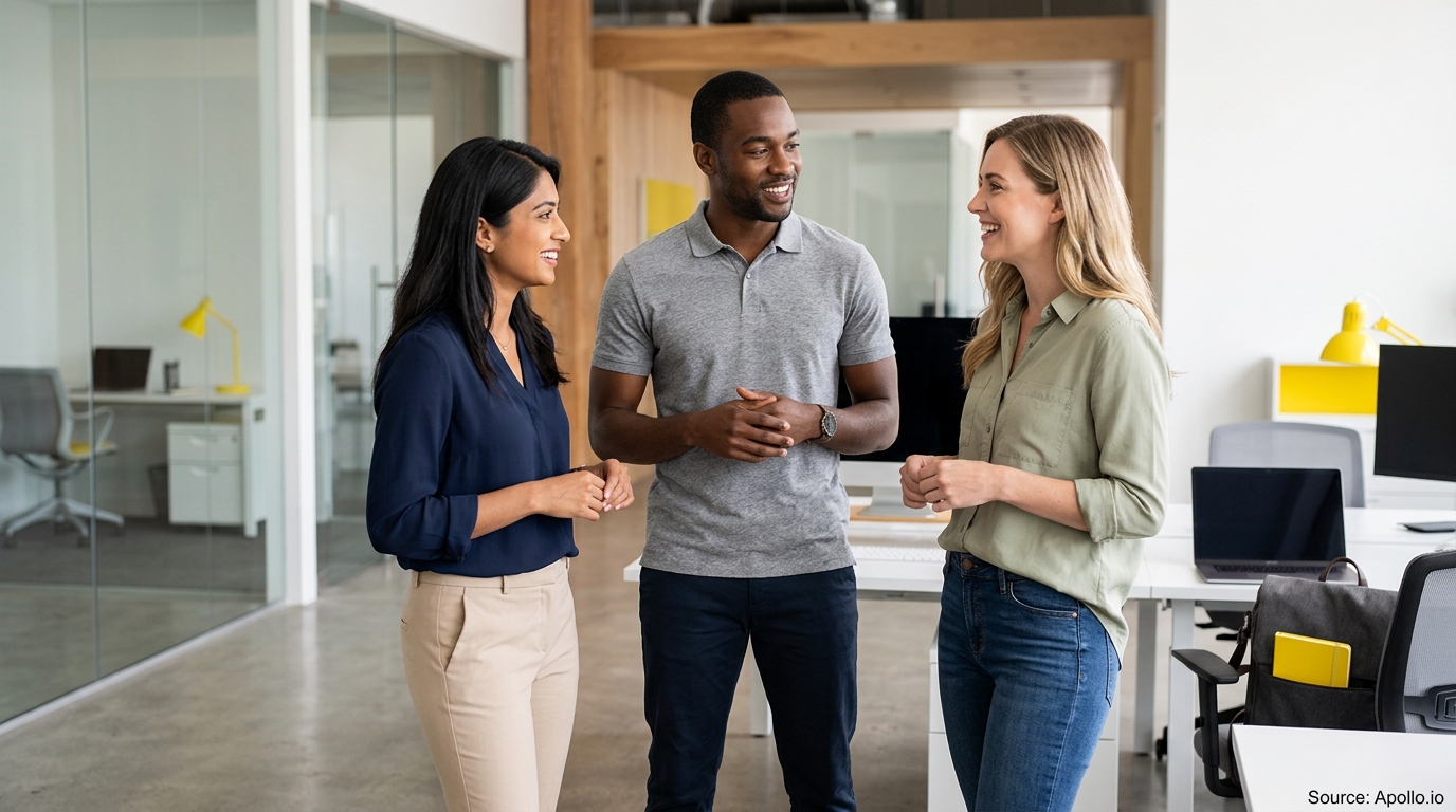 Three diverse professionals smile and talk while standing together in a bright, modern office workspace.