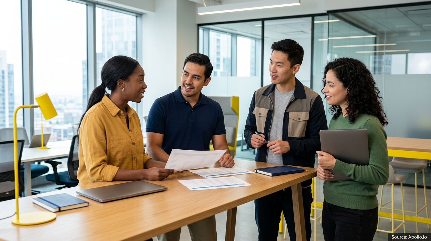 Four professionals review documents and collaborate around a high table in a bright, modern office space.