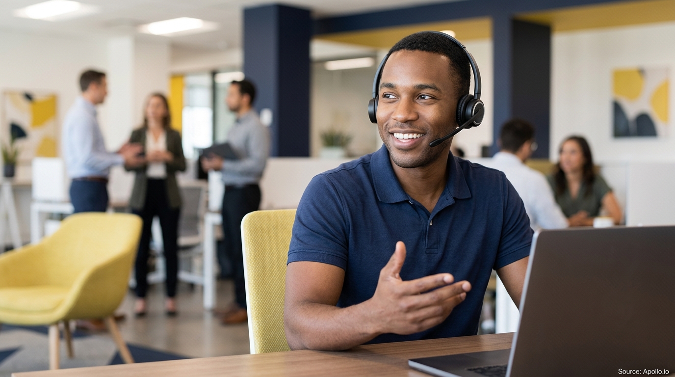 Sales professional making a phone call in a modern office setting