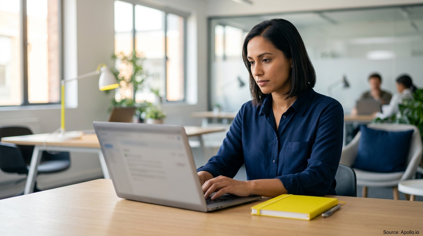 A professional woman types on a laptop in a bright office with two colleagues working in the background.