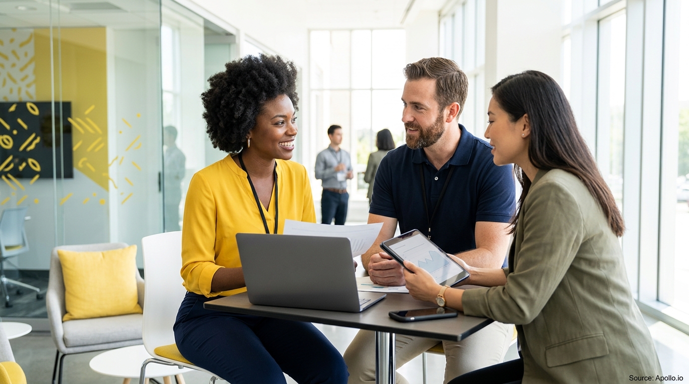 Three professionals collaborate using a laptop and tablet in a bright, modern office setting.