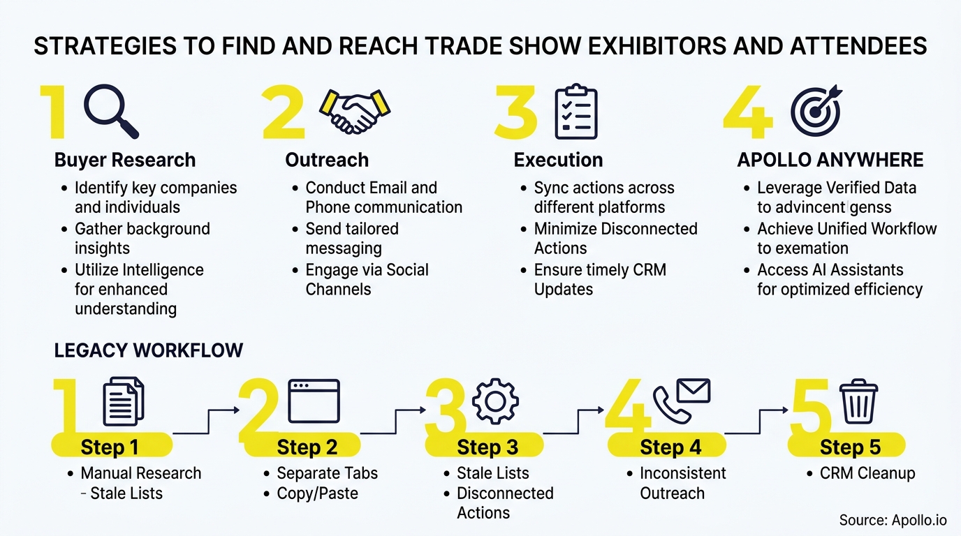 Infographic outlining a four-step trade show outreach strategy above a five-step manual legacy workflow diagram.