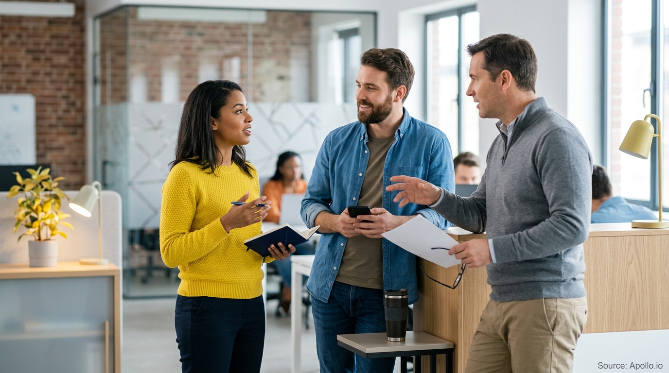 Three professionals discuss plans and review notes while standing in a bright, modern office environment.