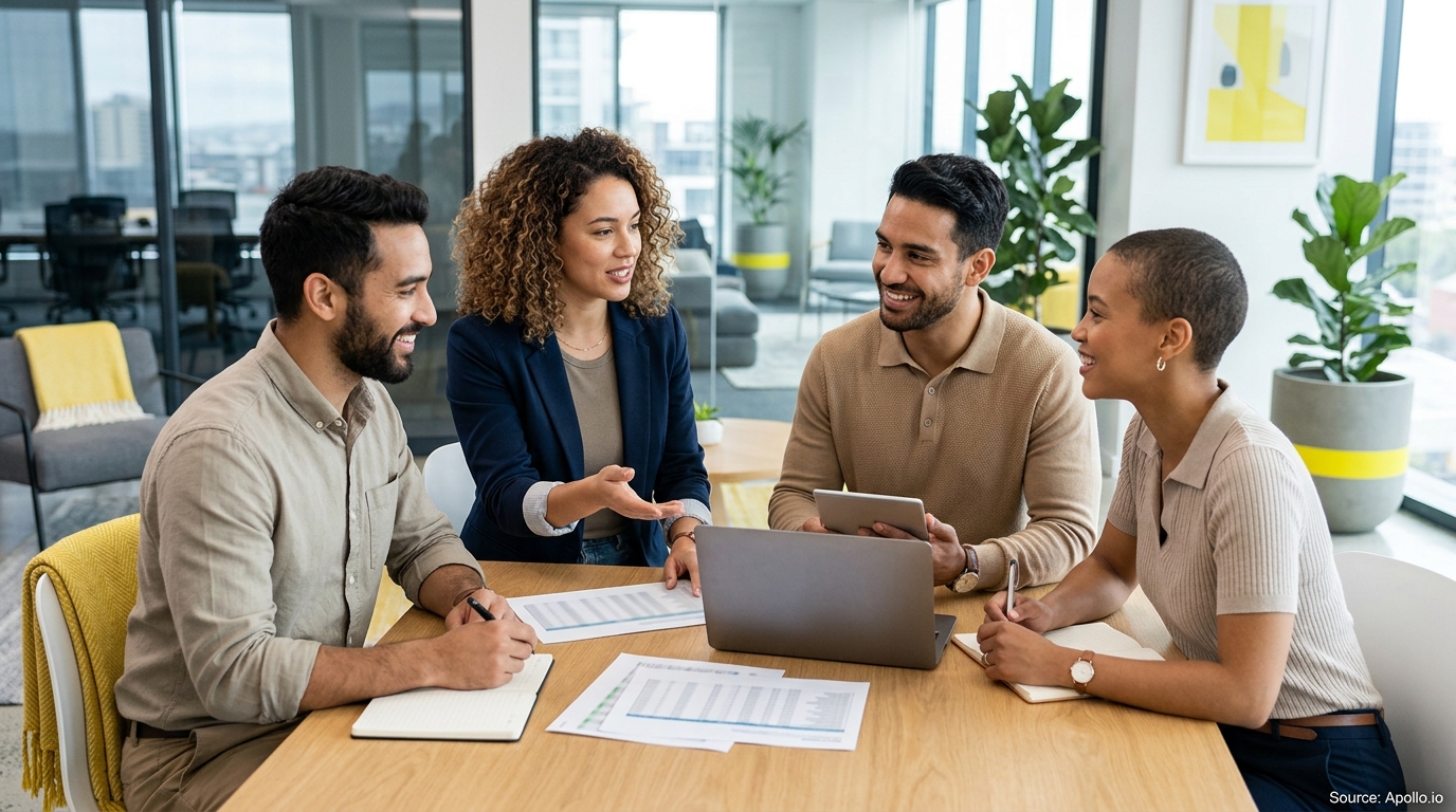 Four professionals collaborate around a wooden meeting table with a laptop and documents in a modern office.