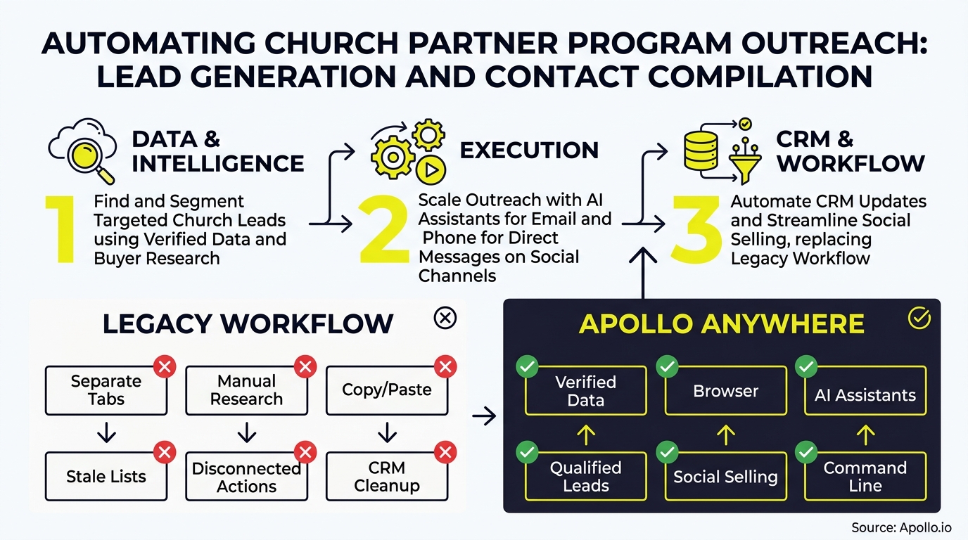 Infographic contrasting a manual outreach workflow with a three-step automated lead generation and CRM process.