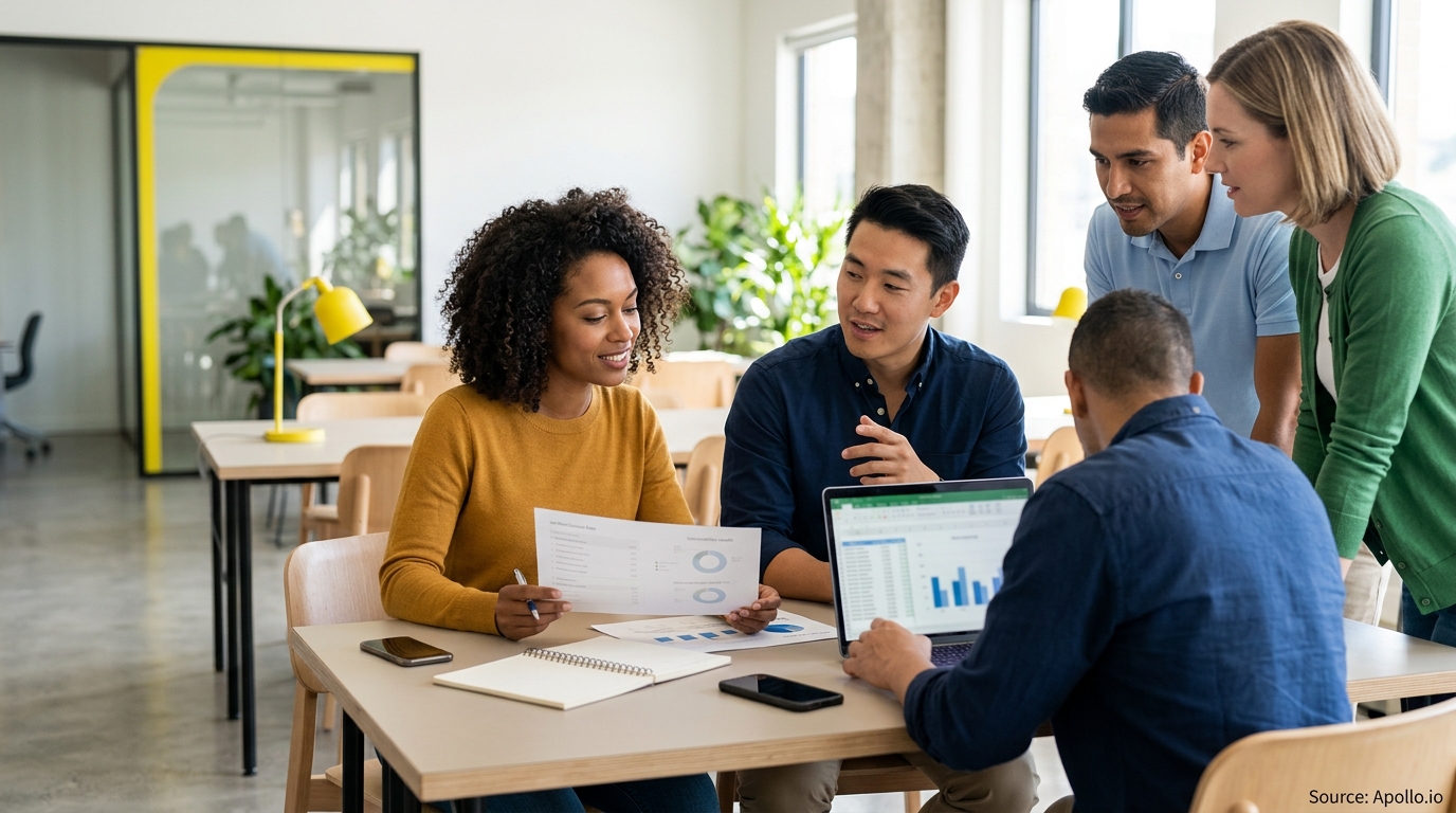 Five professionals review printed reports and spreadsheet data on a laptop around a modern office table.