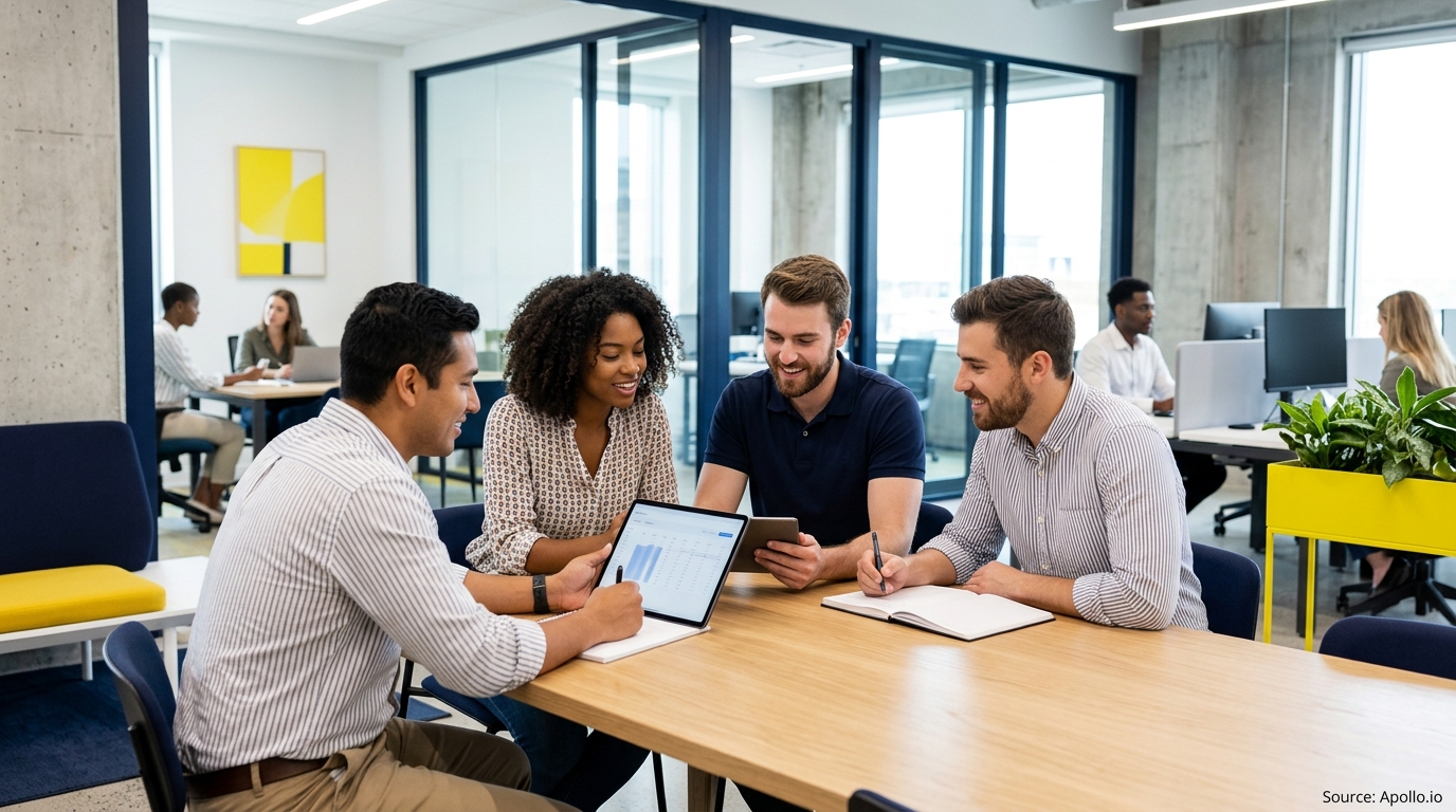 Four diverse professionals collaborate at a wooden table in a bright, modern office while reviewing data on a tablet.