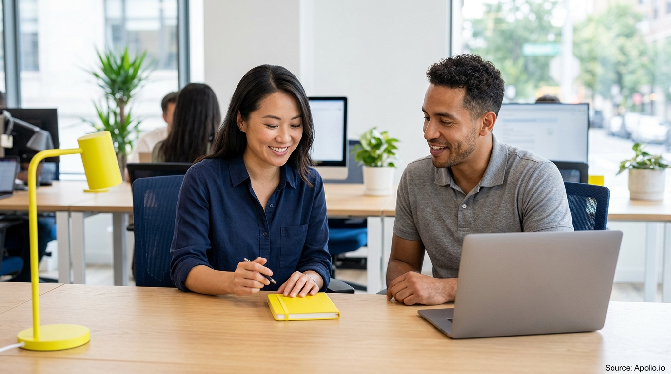 Two business professionals collaborate at a desk with a laptop and notebook in a modern office.