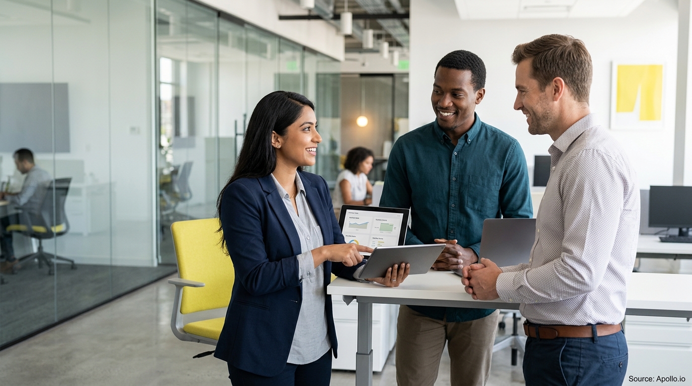 Three business professionals review data on a tablet while standing in a bright, modern office setting.