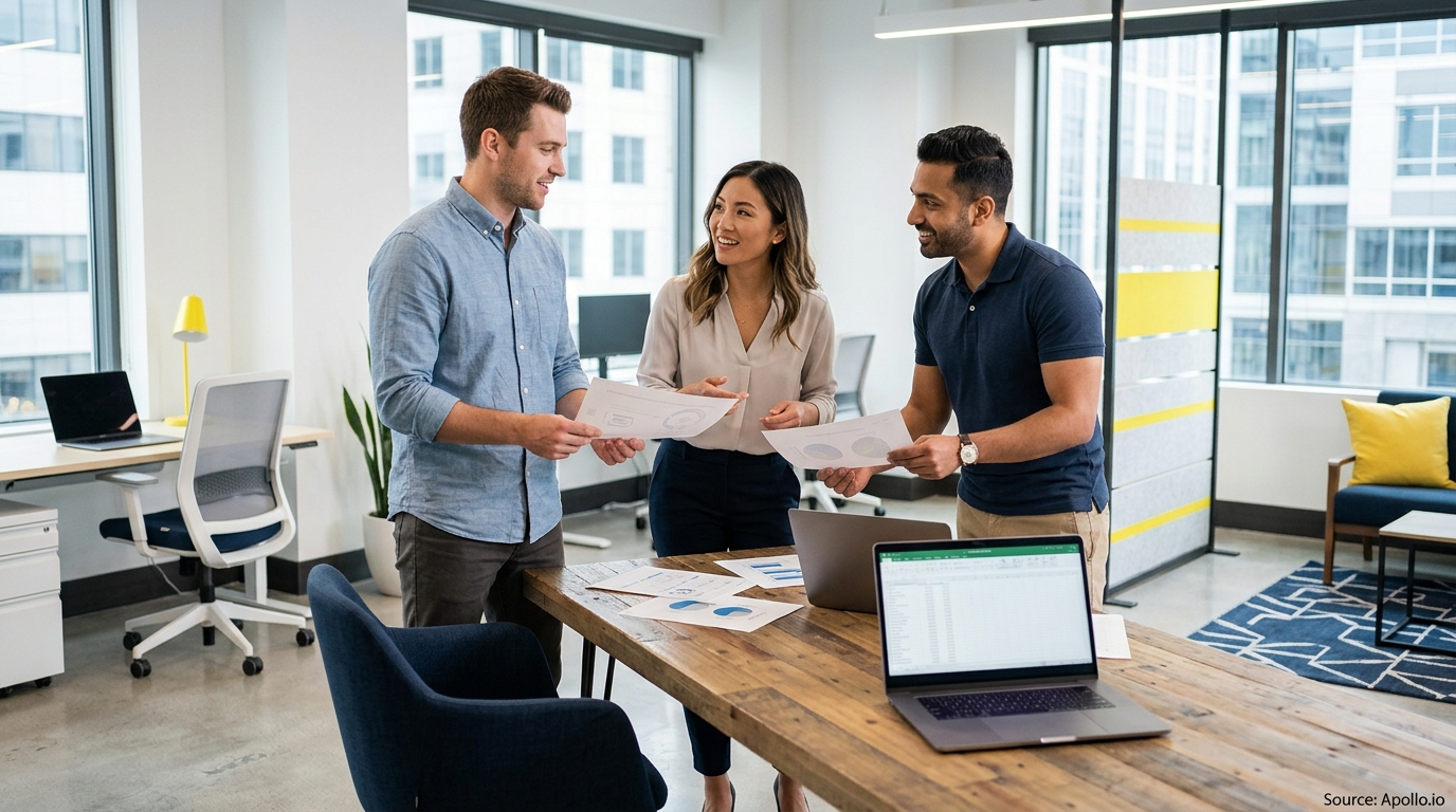 Three business professionals review documents and charts while standing around a wooden table in a modern office.