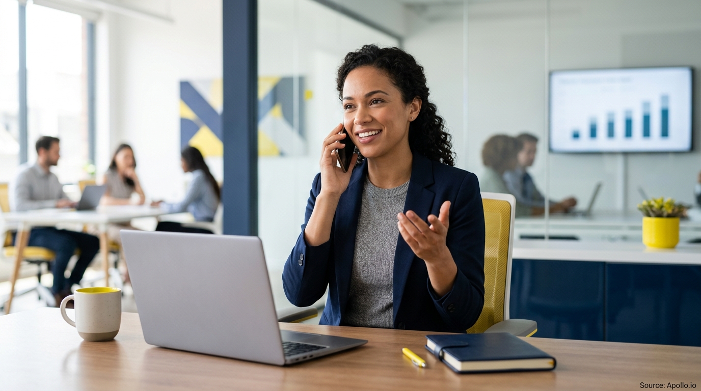 A professional woman talks on a phone at a desk while five colleagues work in a bright office.