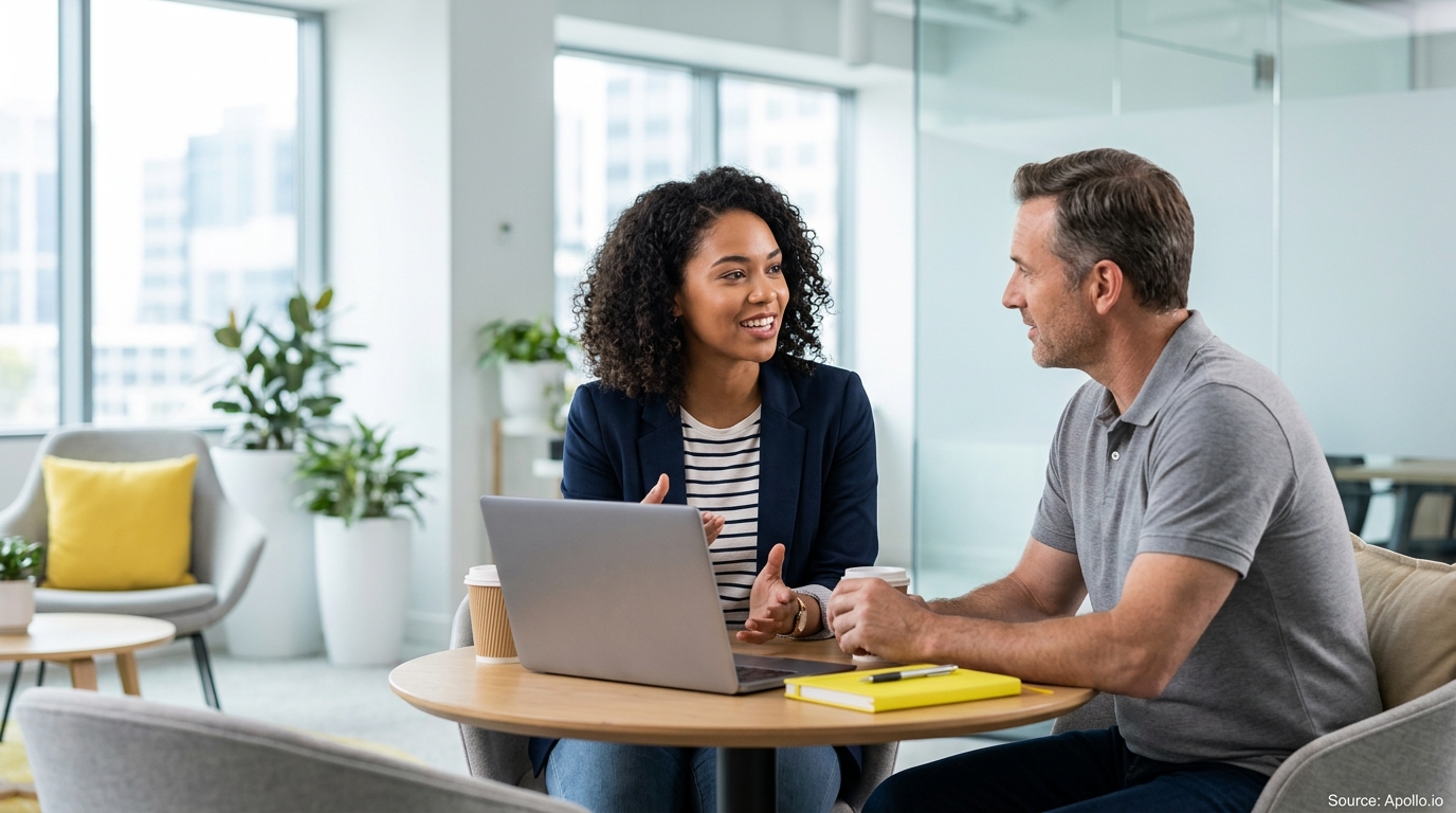 Two professionals discuss work over a laptop at a small table in a bright, modern office.
