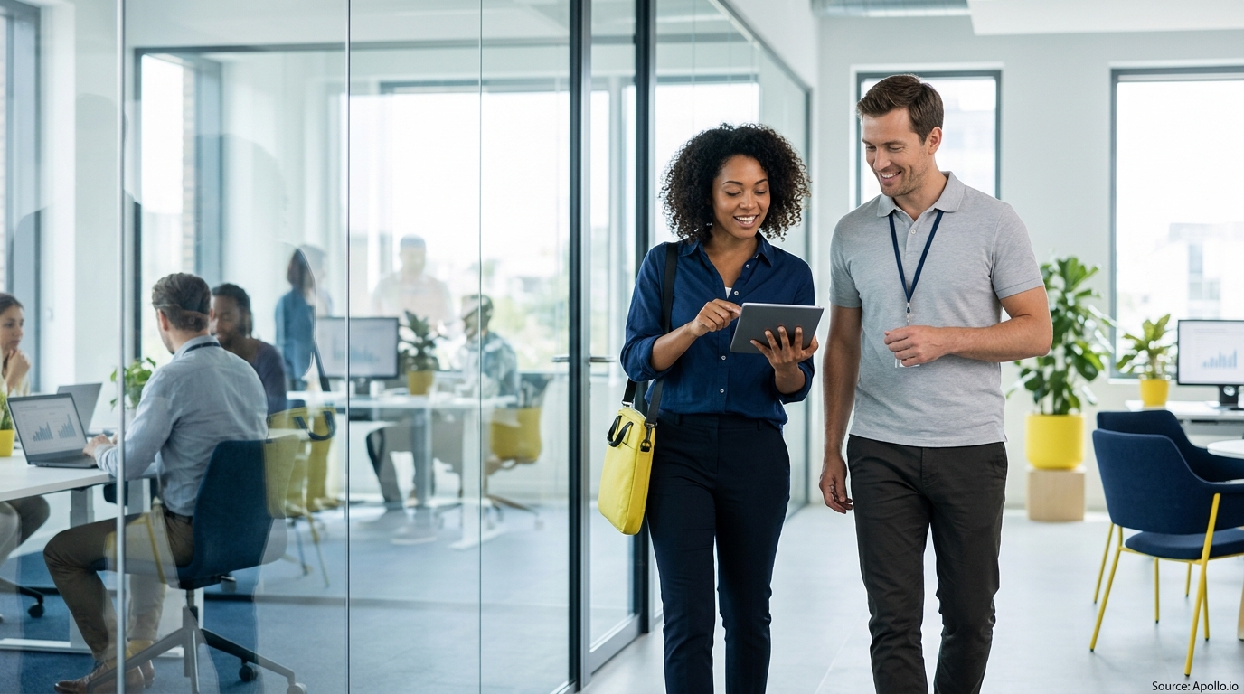 Two colleagues walk through a modern glass-walled office while reviewing information on a handheld tablet together.
