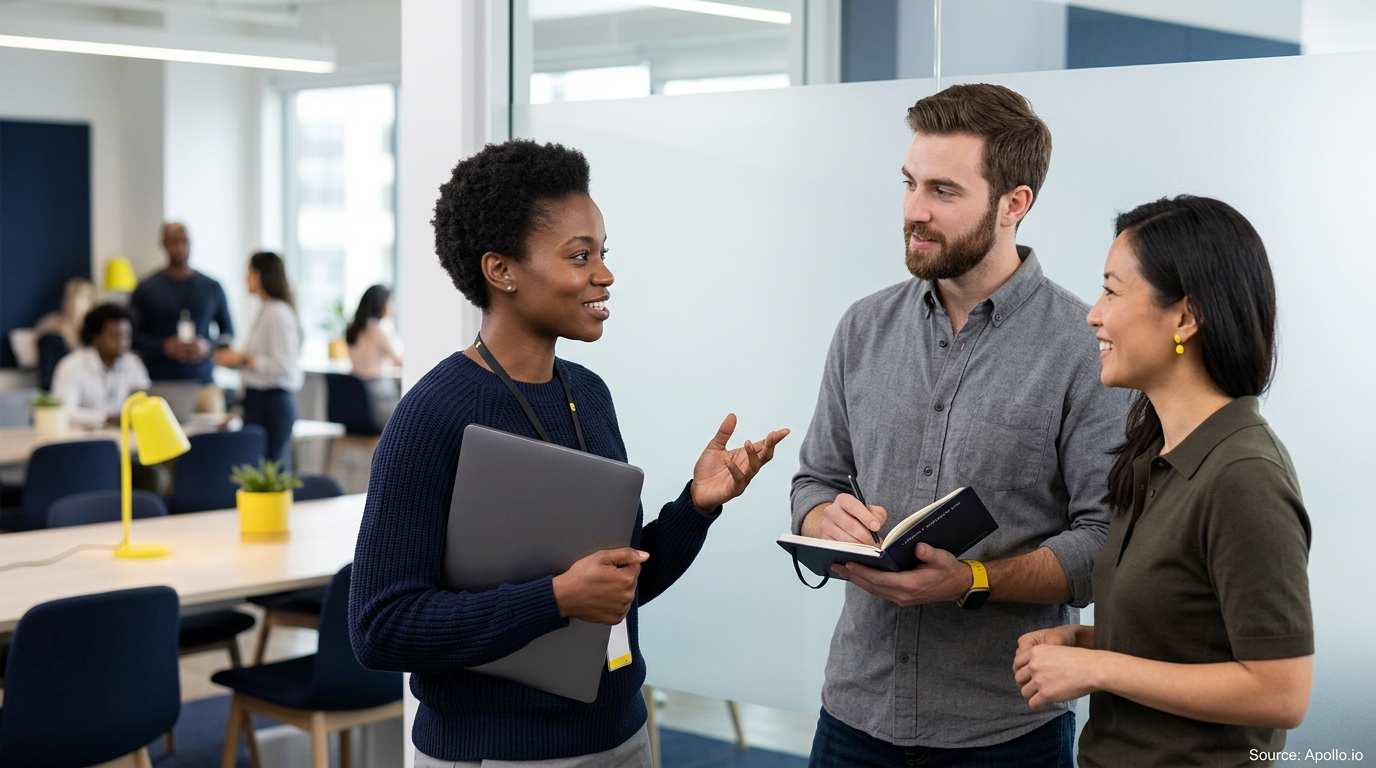 Three professionals talk in a bright, modern office while holding a laptop and taking notes.