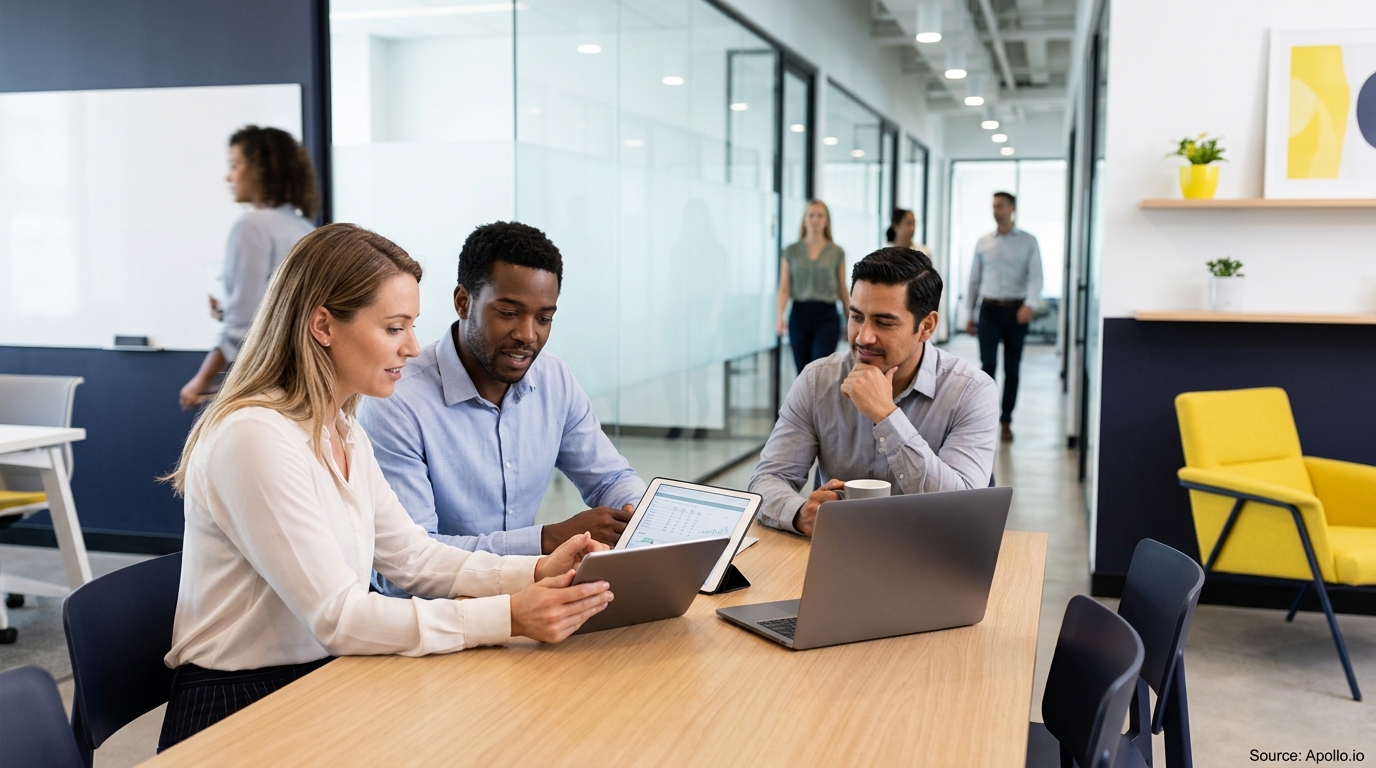 Six professionals work in a modern office as three colleagues analyze data on a tablet and laptop.