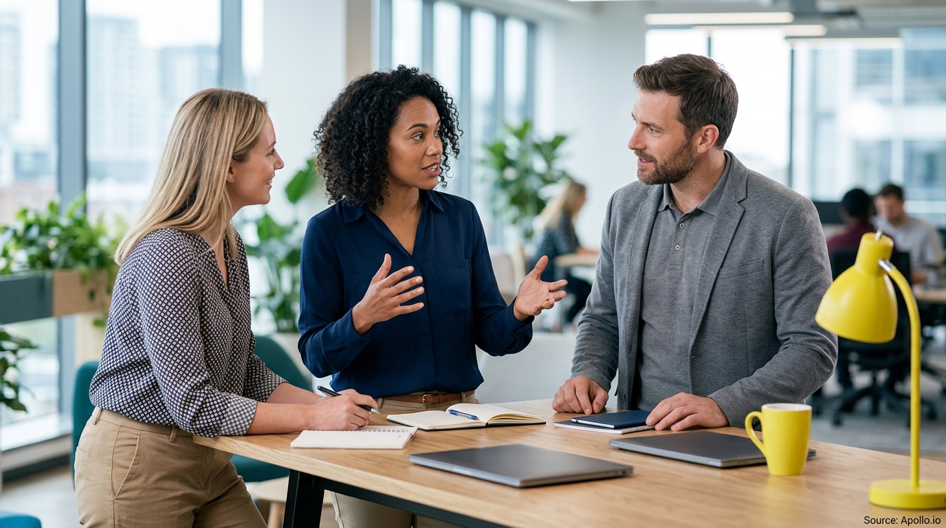 Three colleagues collaborate around a table with laptops and notebooks in a bright, modern office.