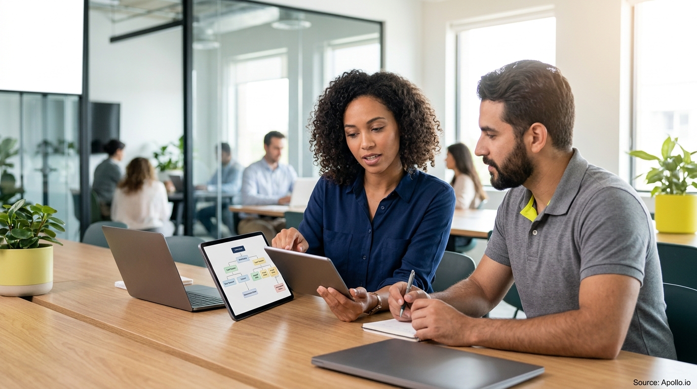 Two professionals analyze a company organizational chart on a digital tablet in a bright, modern office.
