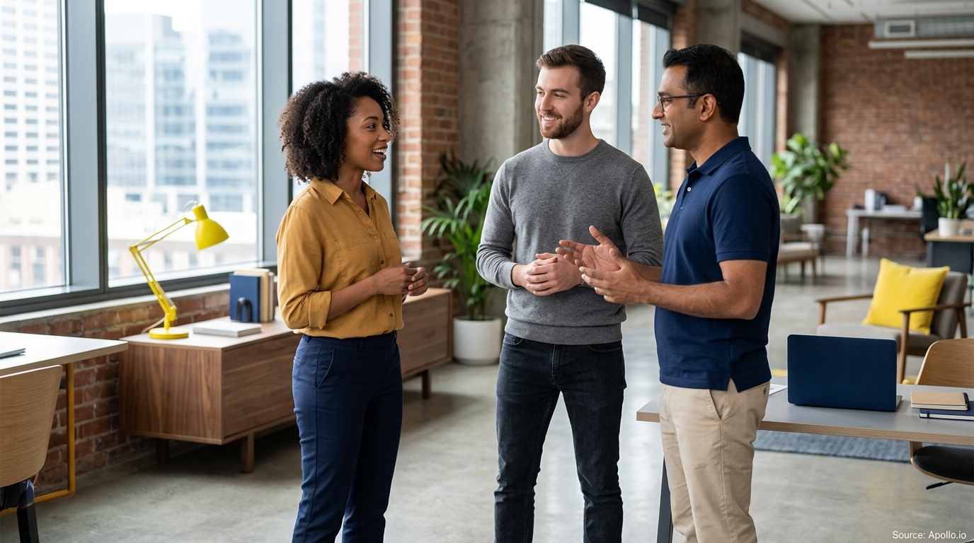 Three diverse professionals engage in a friendly conversation in a bright, modern open-plan office.