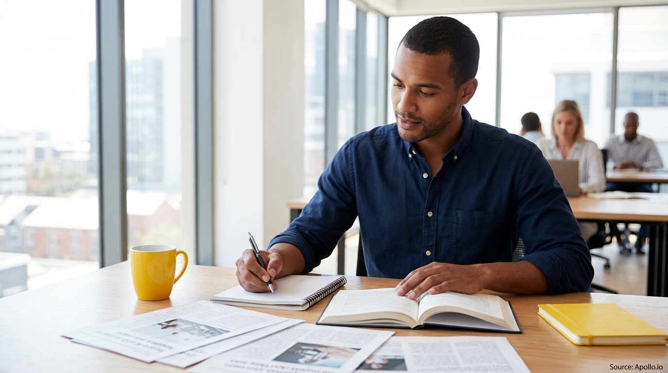 A man writes notes and reads a book at a desk in a bright office with other professionals.