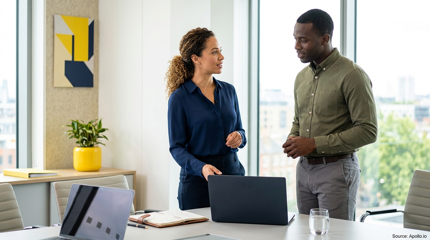 Two professionals discussing business over a laptop in a bright, modern office with large windows.