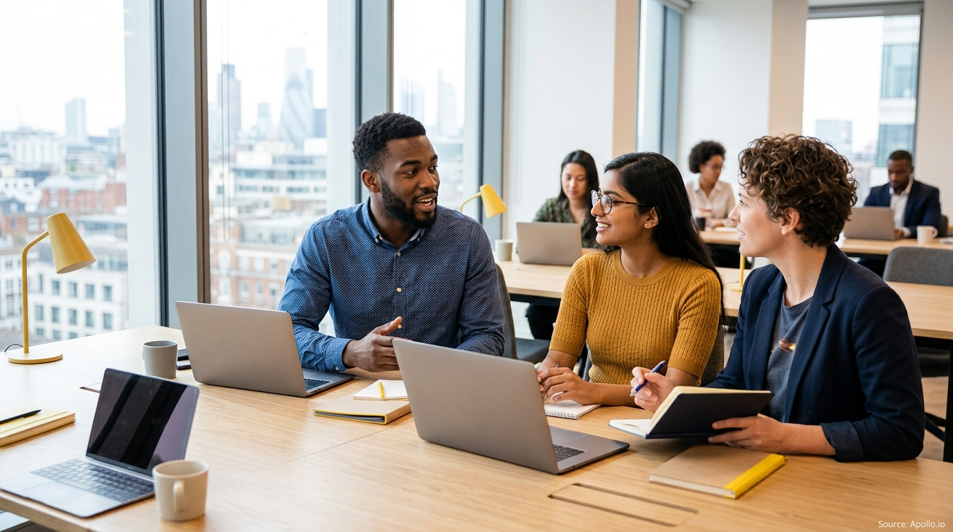 Three diverse professionals collaborate at a desk with laptops in a modern office overlooking a city skyline.