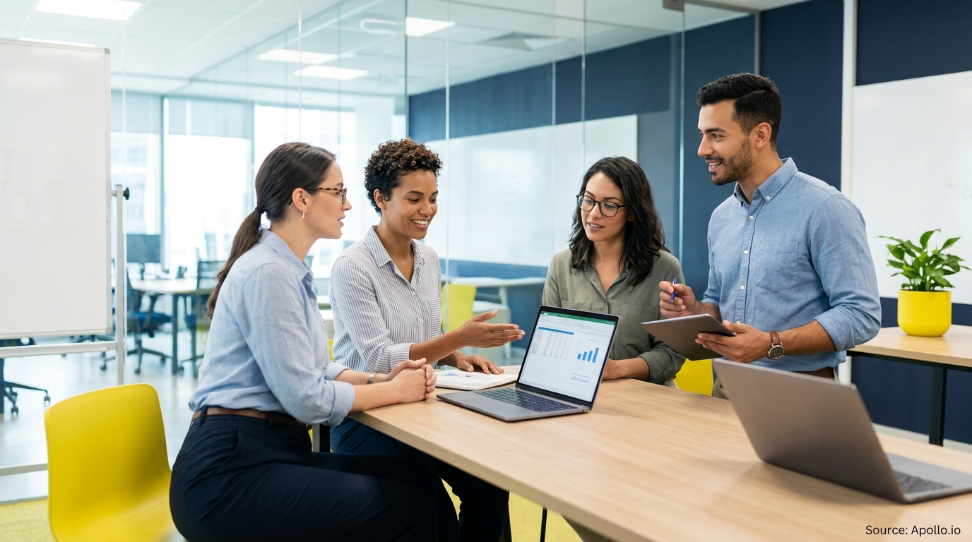 Four colleagues gather around a laptop discussing business data in a bright, modern office meeting room.